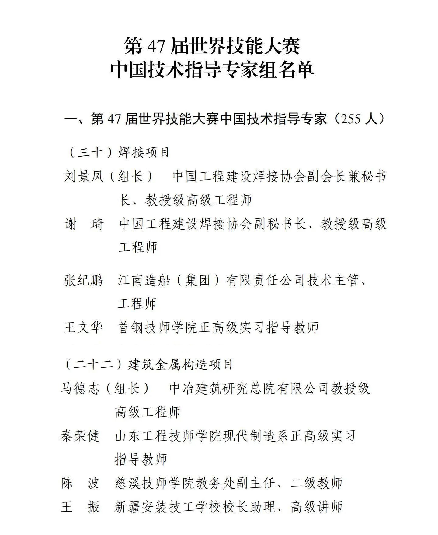 第47届世界技能大赛中国技术指导专家组名单公布！